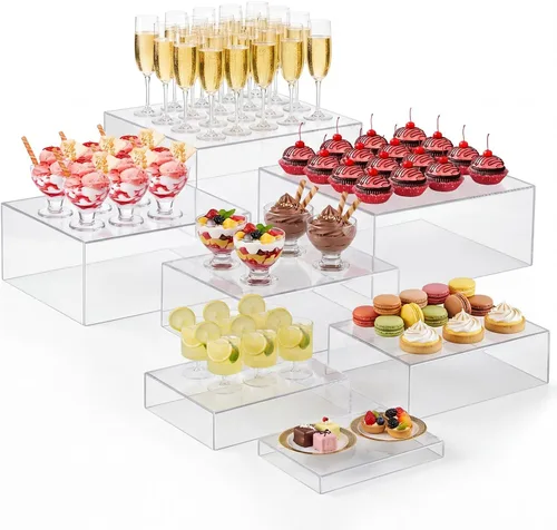 Vista 20 de Leinuosen Juego de 7 Elevadores Grandes para Buffet de 6" a 12" Caja de Exhibición de Acrílico Elevador de Mesa de Postres para Catering Soporte