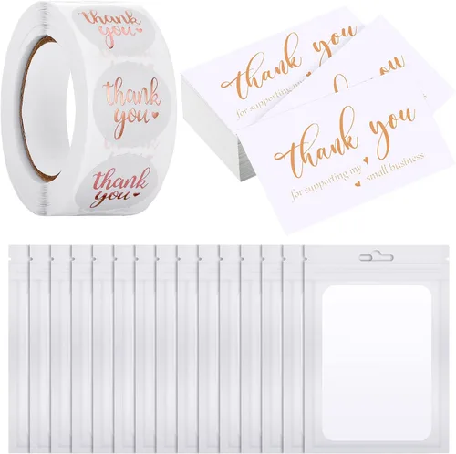 Vista 10 de Outus Juego de 620 tarjetas y calcomanías de agradecimiento. Calcomanías con capa de oro de agradecimiento para apoyar mi pequeño negocio con bolsa