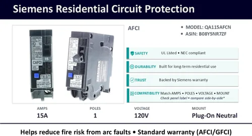 Vista 5 de Disyuntor de circuito neutro enchufable AFCI tipo combinación de 1 polo de 15 amperios