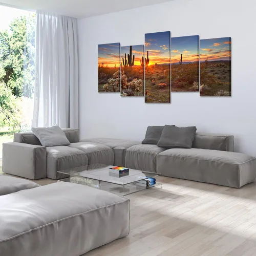 Vista 4 de KREATIVE ARTS - Pinturas de paisajes naturales, arte de pared, puesta de sol con saguaros en el desierto de Sonora, 5 piezas impresas en lienzo