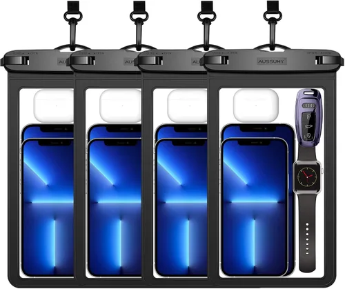 Vista 14 de Paquete de 4 fundas impermeables grandes para teléfono de 10.5" - Soporte transparente para celular bajo el agua - Bolsa seca universal a prueba