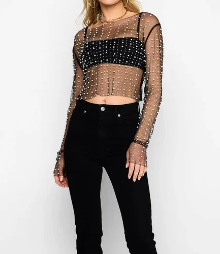 Vista 3 de Blusa corta de malla transparente para mujer, con diamantes de imitación brillantes, manga larga