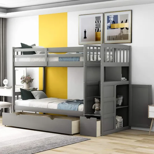 Vista 8 de Harper & Bright Designs - Litera con cama de tamaño individual sobre cama de tamaño matrimonial/individual, con 3 cajones, 4 espacios de Gris