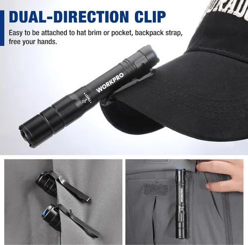 Vista 5 de WORKPRO Luz recargable para bolígrafo, mini linterna, paquete de 2 linternas EDC ultracompactas, linterna de bolsillo con clip, función de memoria