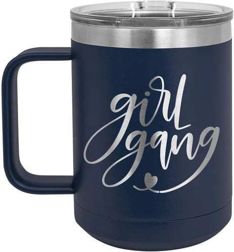 Vista 18 de GIRL GANG Negro 15 oz Taza de café w/tapa deslizante Taza de café de viaje aislada Ideas de regalos de cumpleaños o Navidad de mujeres u hombres