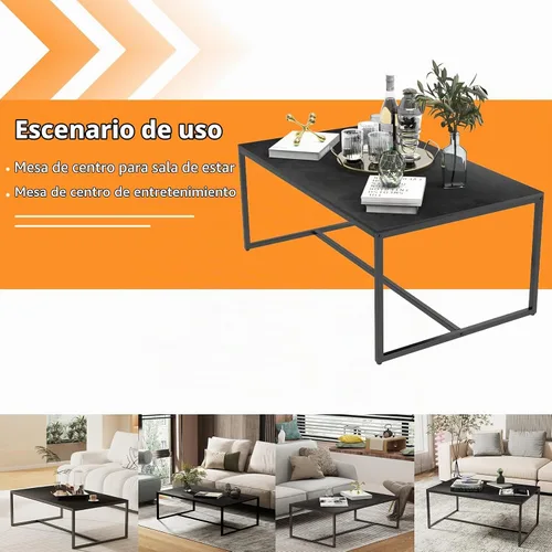 Vista 3 de Wisfor Mesa de centro de piedra sinterizada: mesa central de sofá negro con marco de metal negro - Mesa rectangular de decoración de muebles