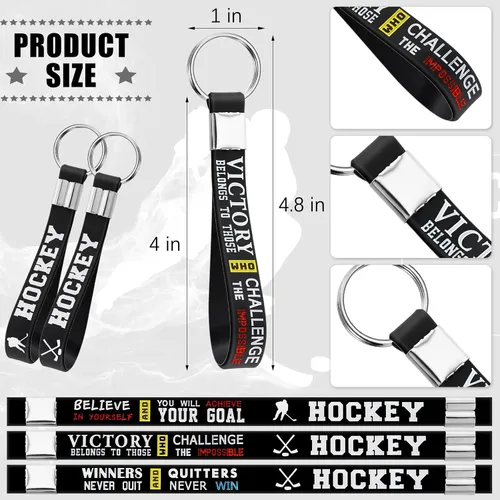 Vista 2 de MTLEE 24 llaveros de hockey a granel para fiestas deportivas, llaveros de hockey, bolsa de regalo con citas motivacionales, suministros para fiesta