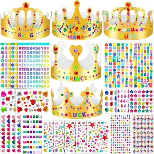 Vista 12 de Coronas de papel doradas, coronas de rey de cumpleaños de bricolaje para decorar, coronas de papel de príncipe y princesa para la clase escolar