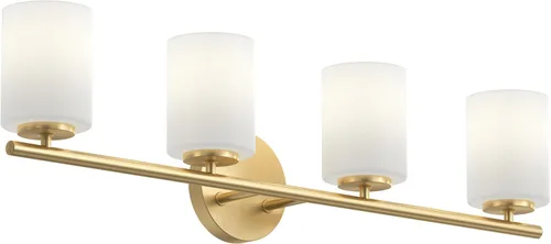 Vista 31 de Progress Lighting Lámpara moderna de tocador de baño de cristal blanco grabado con 4 luces, colección Replay, níquel cepillado (P2160-09)