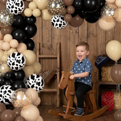 Vista 7 de Kit de Arco de Guirnalda de Globos de Vaquero Occidental de 170 Piezas, Globos de Confeti Negro y Marrón con Estampado de Vaca para Granja