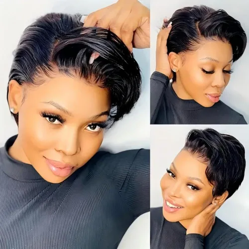 Vista 2 de Peluca de cabello humano corto con encaje frontal para mujeres negras, peluca de corte Pixie, peluca de encaje previamente despuntada en T
