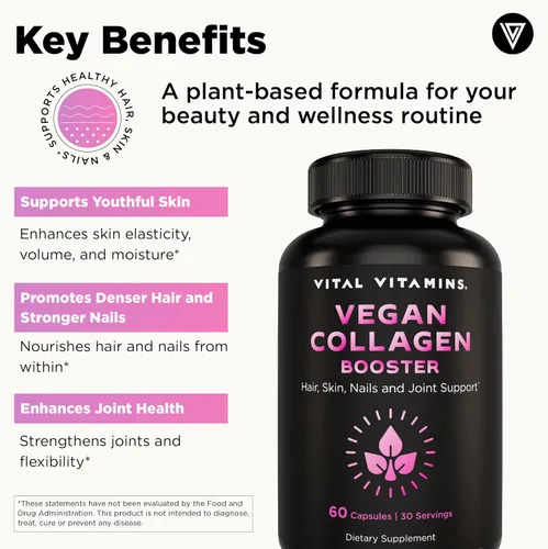 Vista 3 de Vital Vitamins Suplemento de Colágeno Vegano - con Sílice y Ácido Hialurónico - Suplementos de Colágeno a Base de Plantas - Apoya el Cabello
