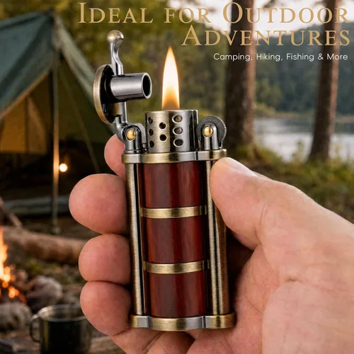 Vista 14 de Encendedor de queroseno vintage con rueda de pedernal con funda de palisandro, latón antiguo a prueba de viento, encendedor de gasolina fresca