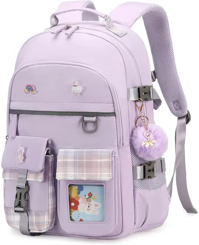 Vista 12 de Mochila para niñas de 15.6 pulgadas para laptop, bolsa escolar para niños de primaria y universidad, mochilas y bolsos escolares para niñas Beige