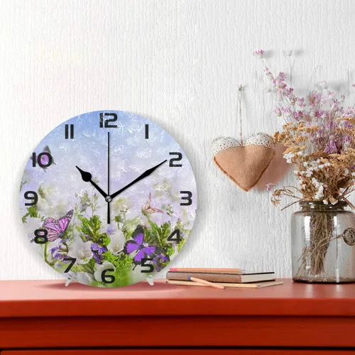 Vista 2 de Reloj de jardín de flores voladoras de mariposa reloj de tipo árabe pintado silencioso sin tictac redondo reloj de pared arte para el hogar