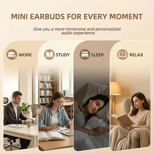 Vista 8 de Auriculares para dormir, mini auriculares inalámbricos invisibles para canales auditivos pequeños, auriculares Bluetooth ergonómicos con sonido Beige