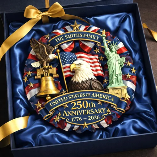Vista 5 de NAZENTI Letrero personalizado para puerta del 4 de julio con nombre familiar, coronas de puerta personalizadas para 250 aniversario de Estados