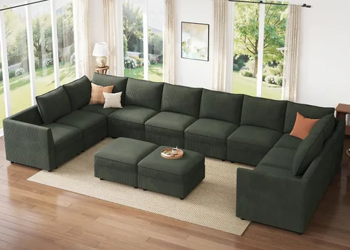 Vista 19 de HONBAY Sofá seccional modular con almacenamiento en forma de L sofá seccional, sofás convertibles para sala de estar - verde