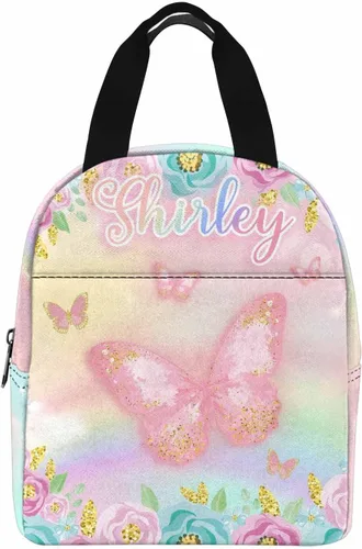Vista 9 de InterestPrint Bolsa de almuerzo con nombre personalizado para hombres y mujeres, diseño de mariposa rosa y azul personalizada, caja de almuerzo