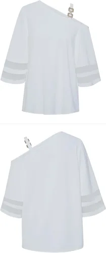 Vista 7 de MODECRUSH 2023 - Blusa de gasa de verano con un hombro para mujer, manga corta de 34, asimétrica, holgada, casual