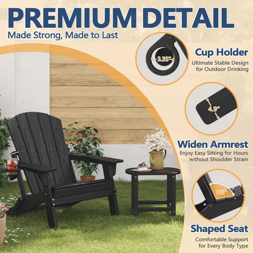 Vista 8 de Silla plegable Adirondack con soporte para tazas, de plástico HDPE resistente a todo tipo de clima, sillas de patio al aire libre con reposapiés