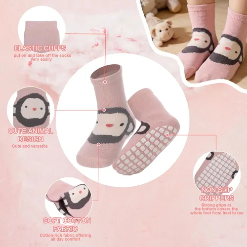 Vista 4 de 5 pares de calcetines de agarre para bebé, calcetines de algodón con agarre para niños pequeños, niños y niñas de 12 a 36 meses