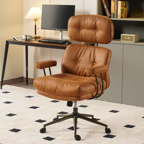 Vista 12 de Silla de oficina ergonómica para grandes y altos, silla ejecutiva moderna de mediados de siglo con soporte lumbar, respaldo alto, cojín grueso, piel