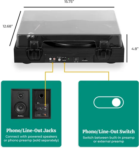 Vista 6 de Electrohome Montrose - Tocadiscos de vinilo inalámbrico de 2 velocidades, con lápiz óptico Audio-Technica, Bluetooth, grabación de vinilo a MP3