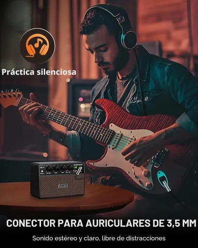 Vista 8 de Flatsons FBA-10 Amplificador de Guitarra, Amplificador Eléctrico Mini de 10W con Canal Limpio/Drive, 6H de Funcionamiento, Recargable por USB-C