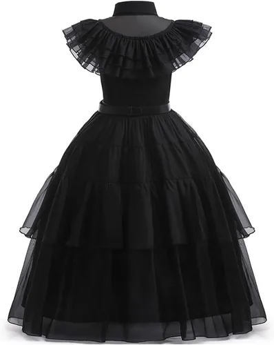 Vista 3 de QWFWBSM Wednesday Addams - Vestido de disfraz para niñas, disfraz de Halloween con accesorios, 4-12 años