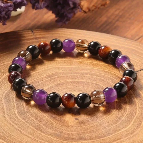 Vista 7 de Pulsera de triple protección con cuentas de ojo de tigre, obsidiana negra y hematita para hombres y mujeres, cuentas de piedras naturales y cristal