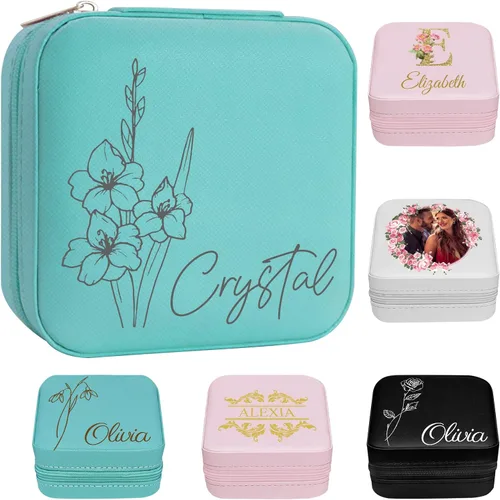 Vista 14 de Joyero personalizado para regalos de dama de honor, flor de nacimiento, inicial, joyería de viaje personalizada para mujeres, organizador de joyas