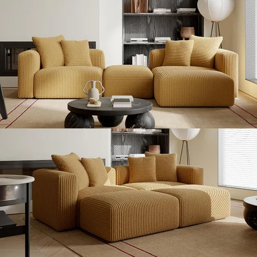 Vista 9 de Acanva - Sofá modular convertible con otomana, en forma de U, color negro Sofá de pana, marco de madera, combinación libre, sofá cama, para sala