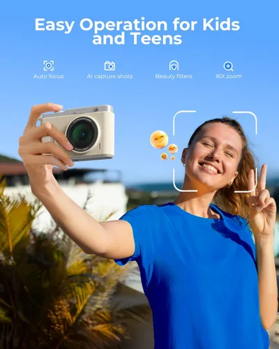 Vista 2 de Cámara digital para niños con lente dual de conmutación, 64MP 4K Point and Shoot Cámara con tarjeta de 32 GB, zoom 16X antivibración, cámaras