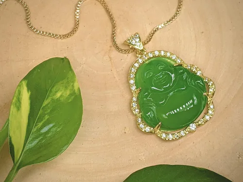 Vista 5 de Collar de Buda verde sonriente de plata, 20 pulgadas, collar de cristal verde, collares de Buda de oro para mujer, collar de Buda riendo colgante