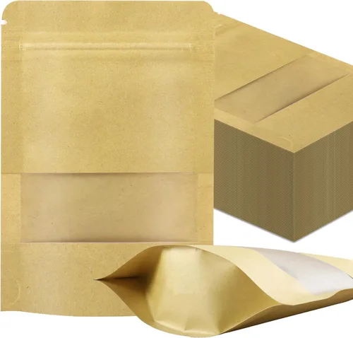 Vista 10 de 100 bolsas resellables, bolsas de papel kraft verticales con ventana mate, bolsas de almacenamiento de alimentos con cierre de cremallera