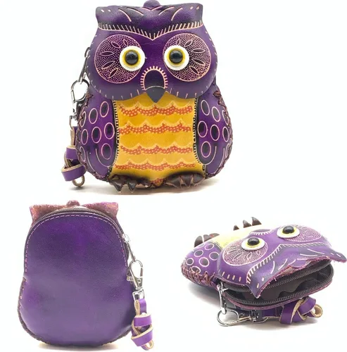 Vista 16 de Handmade Vintage Genuine Leather 3D Animal Owl Coin Purse with Removable Wrist Strap (Brown)