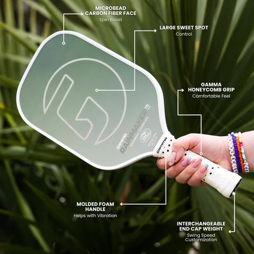 Vista 2 de GAMMA Rainmaker - Paleta de pickleball ligera, grande, cara de fibra de carbono de microcuentas para mayor giro y control, peso de giro