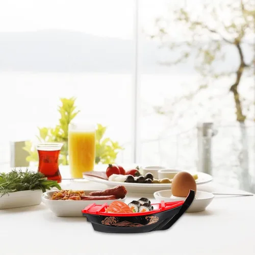 Vista 7 de Bandeja para servir sushi barco de 13.6 pulgadas, de plástico, estilo japonés, plato rectangular largo para platos de pescado Sashimi y presentación