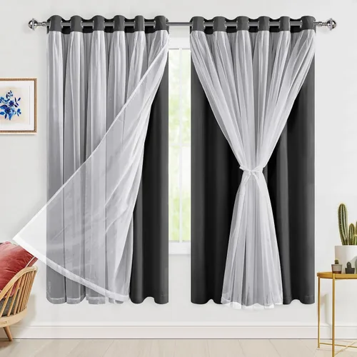 Vista 34 de Hiasan Cortinas opacas con superposición transparente, aislamiento térmico para mezclar y combinar de doble capa, cortinas de oscurecimiento de Beige