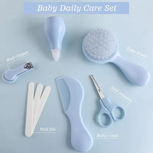 Vista 2 de Kit de aseo para bebés de 6 piezas en bolsa de almacenamiento (azul) - Cepillo suave, peine, cortauñas, aspirador nasal, tijeras de seguridad y lima