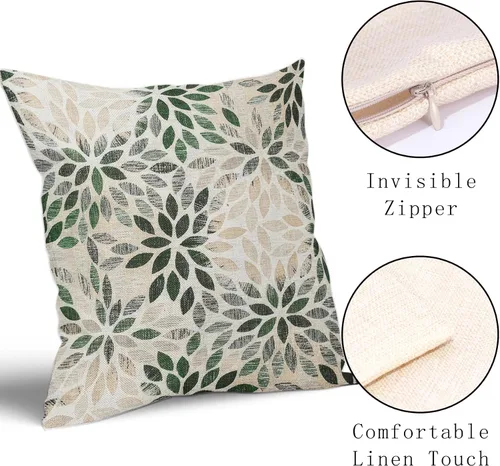 Vista 3 de Juego de 2 fundas de almohada de dalia verde de 18 x 18 pulgadas, fundas de almohada cuadradas decorativas de flores geométricas rústicas, fundas