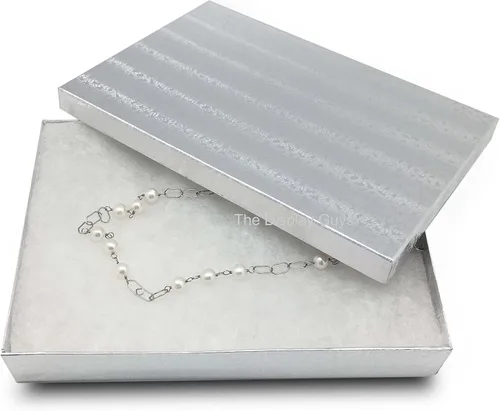 Vista 2 de TheDisplayGuys - Paquete de 20 cajas de joyería de papel de aluminio plateado #85 (8 18 pulgadas x 5 58 pulgadas x 1 516 pulgadas) para regalo