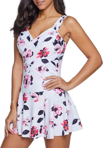 Vista 2 de Zando - Traje de baño de una pieza con control de abdomen para mujer, talla extragrande, cuello en V, vestido de baño