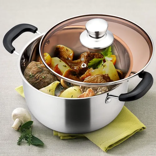 Vista 6 de E-far Olla de 6 cuartos de galón, olla de sopa de metal de acero inoxidable con tapa de vidrio para cocinar, saludable y libre de óxido, resistente