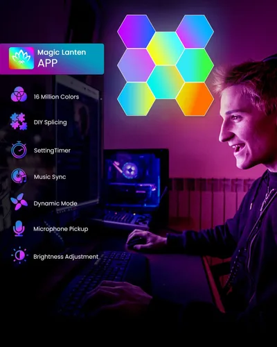 Vista 2 de NIUCOO Paneles de pared con luces LED hexagonales, luces RGB inteligentes para juegos con aplicación y sincronización de música, azulejos