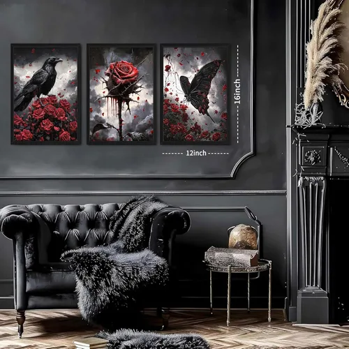 Vista 3 de Lienzo de pared de Halloween con marco de madera gótica para sala de estar, juego de 3 impresiones románticas de cuervo y mariposa, decoración