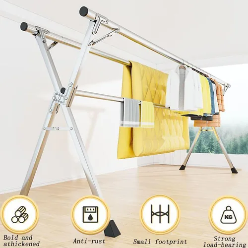 Vista 2 de Foldable Freestanding Drying Rack,Sturdy Stainless Steel Laundry Drying Rack for Indoor Home Balcony 1.6m/63in Foldable and Extendable Clothes Airer