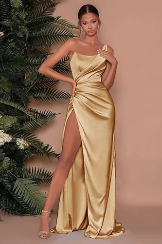 Vista 5 de Vestido de dama de honor de satén de un hombro para mujeres, adolescentes, vestidos largos de graduación con abertura, vestidos de fiesta formales