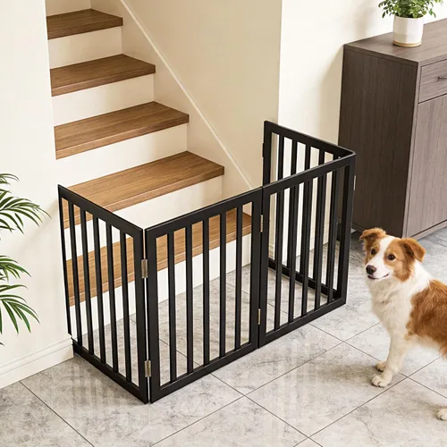 Vista 3 de Puerta para perros para interiores, valla independiente para perros, para la casa, puertas, pasillos o escaleras, puerta para mascotas plegable